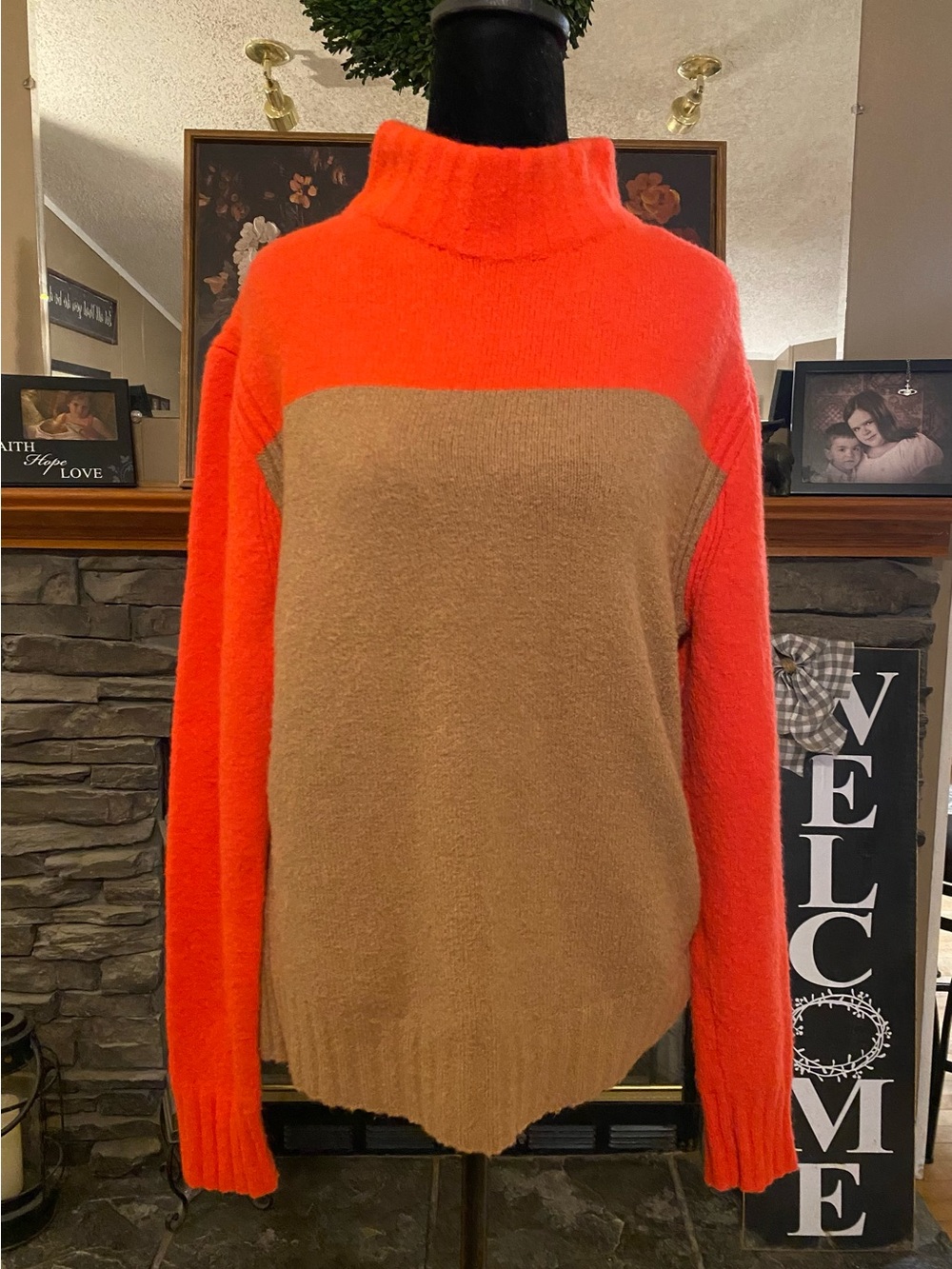 J. Crew Orange and Camel Colorblock Rollneck Alpaca/Merino Sweater